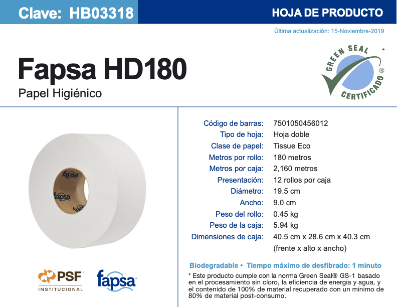 HB03318 FAPSA HD180 C/12 HIGIENICO EN BOBINA ROLLO